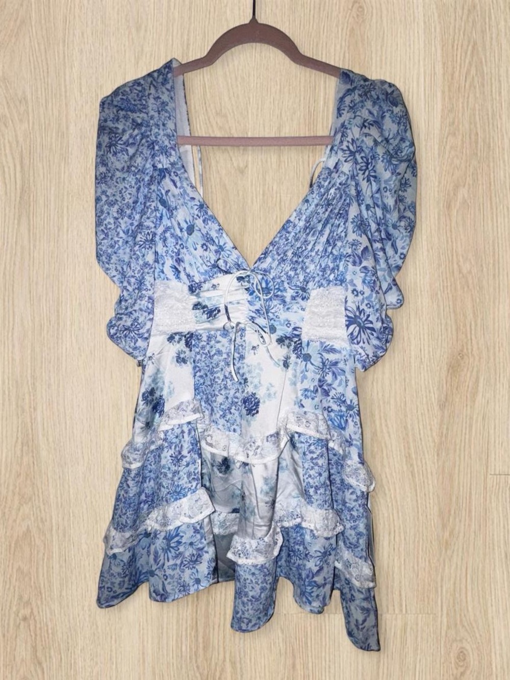 For Love & Lemons Blue Floral V-Neck Ruffle Tunic